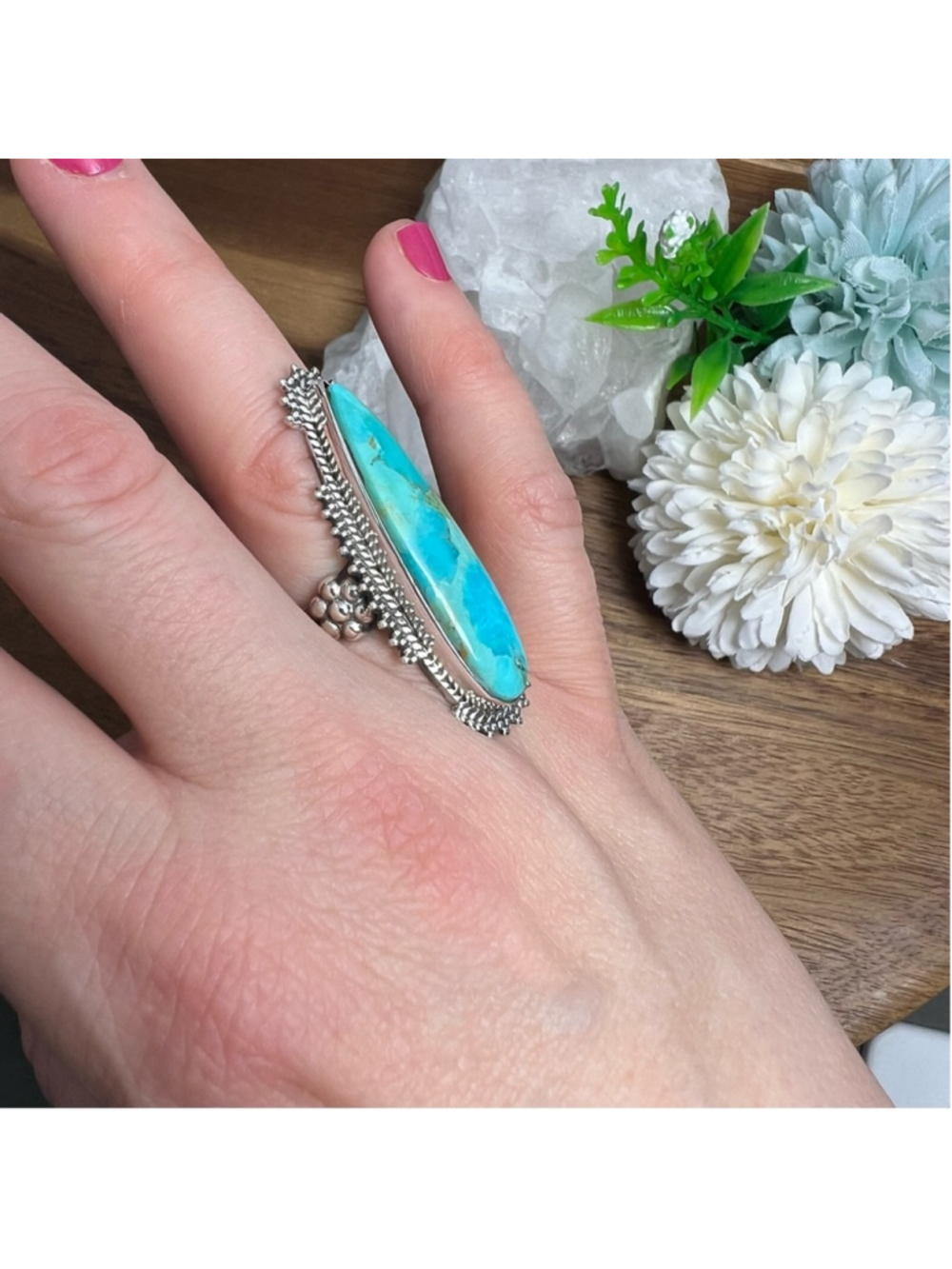 Sterling Silver 925 Turquoise Ring Size 7 Long Boho Southwest Blue New - Picture 9 of 13